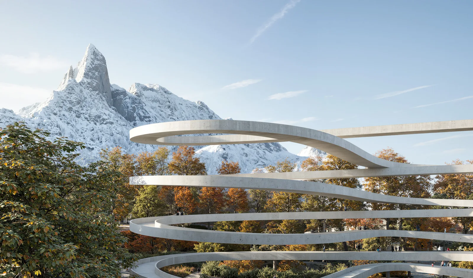 Lemniscate-derived architectural paths in a mountain landscape.