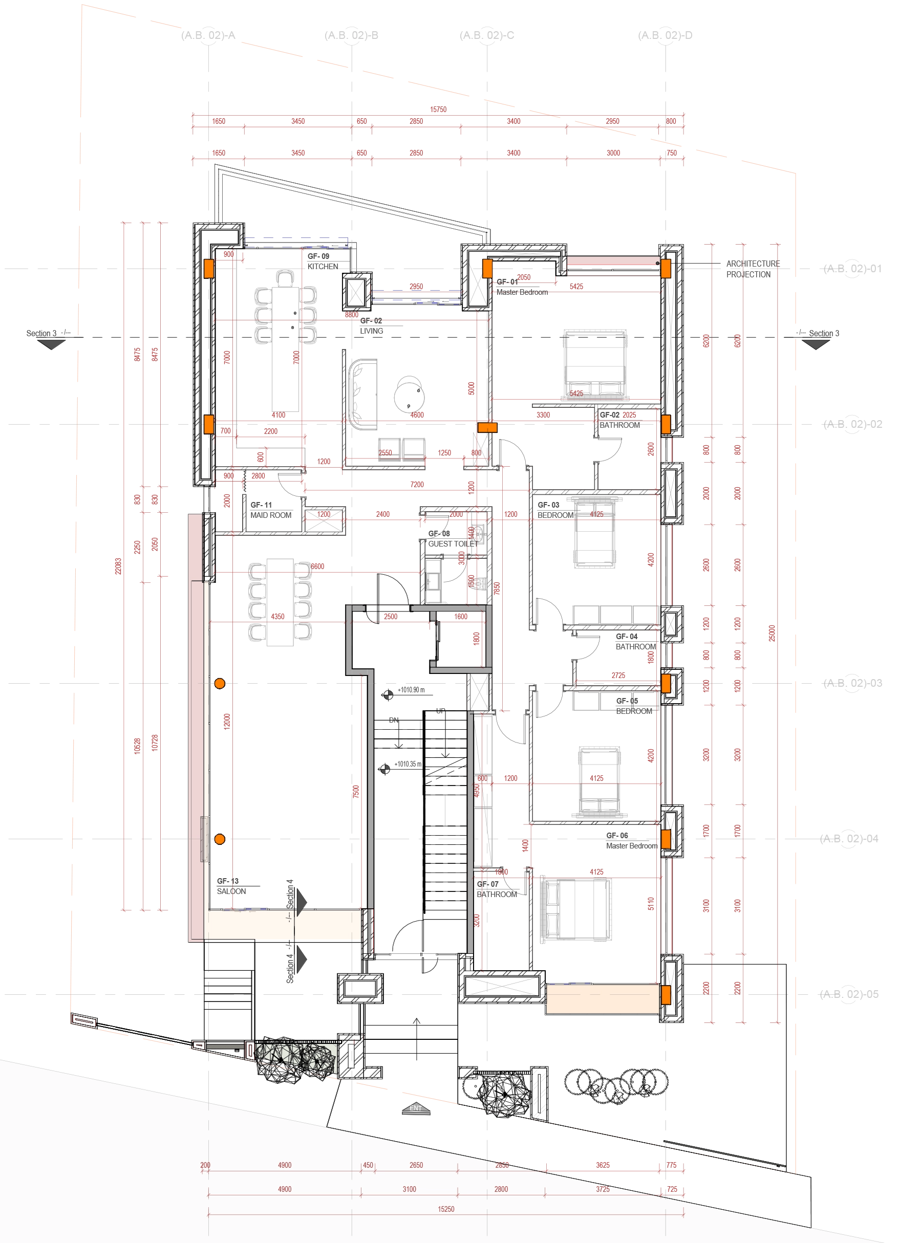 Dimensioned ground floor plan for the Dabouq residential building.