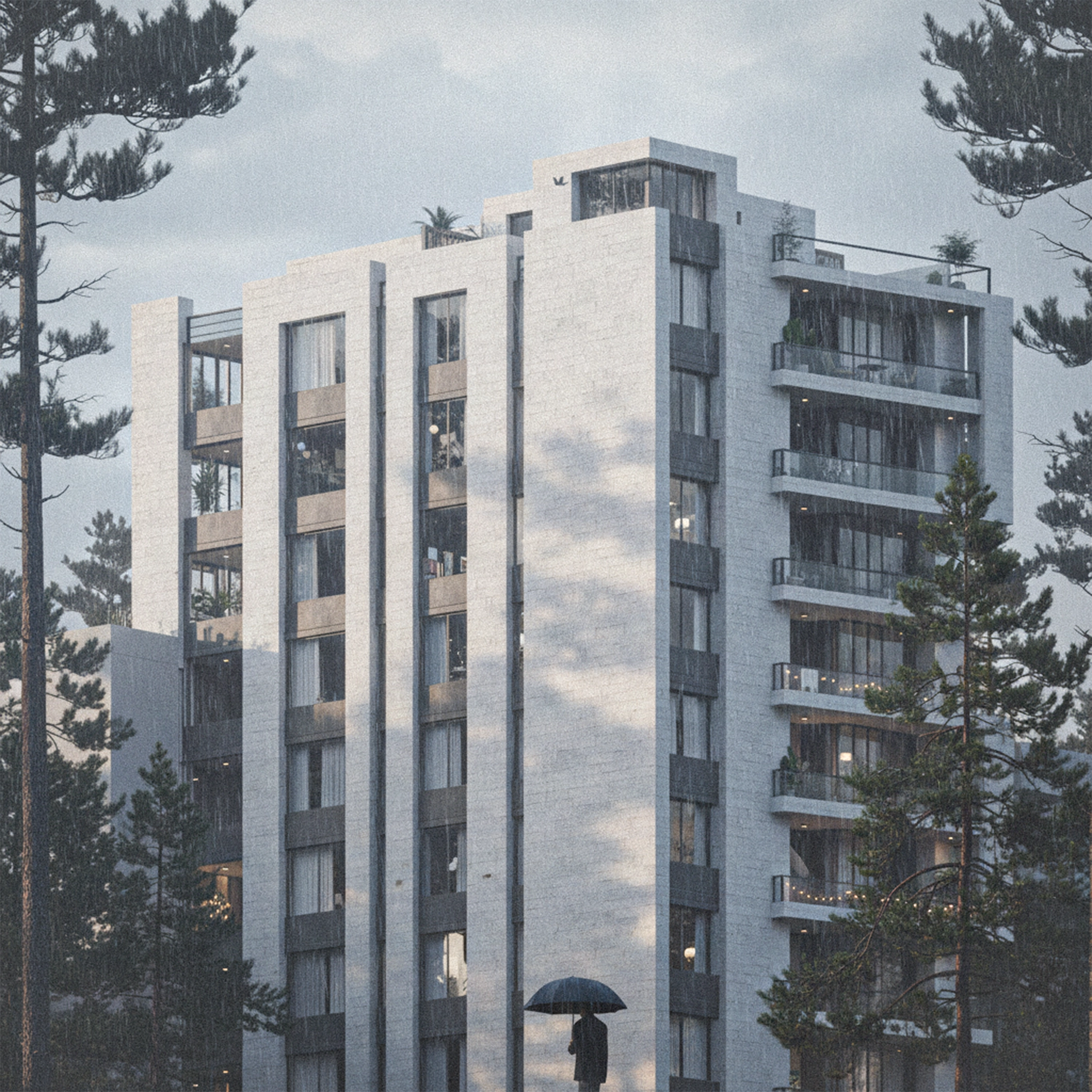 Full exterior visualisation of the Dabouq residential building among pine trees in rain.