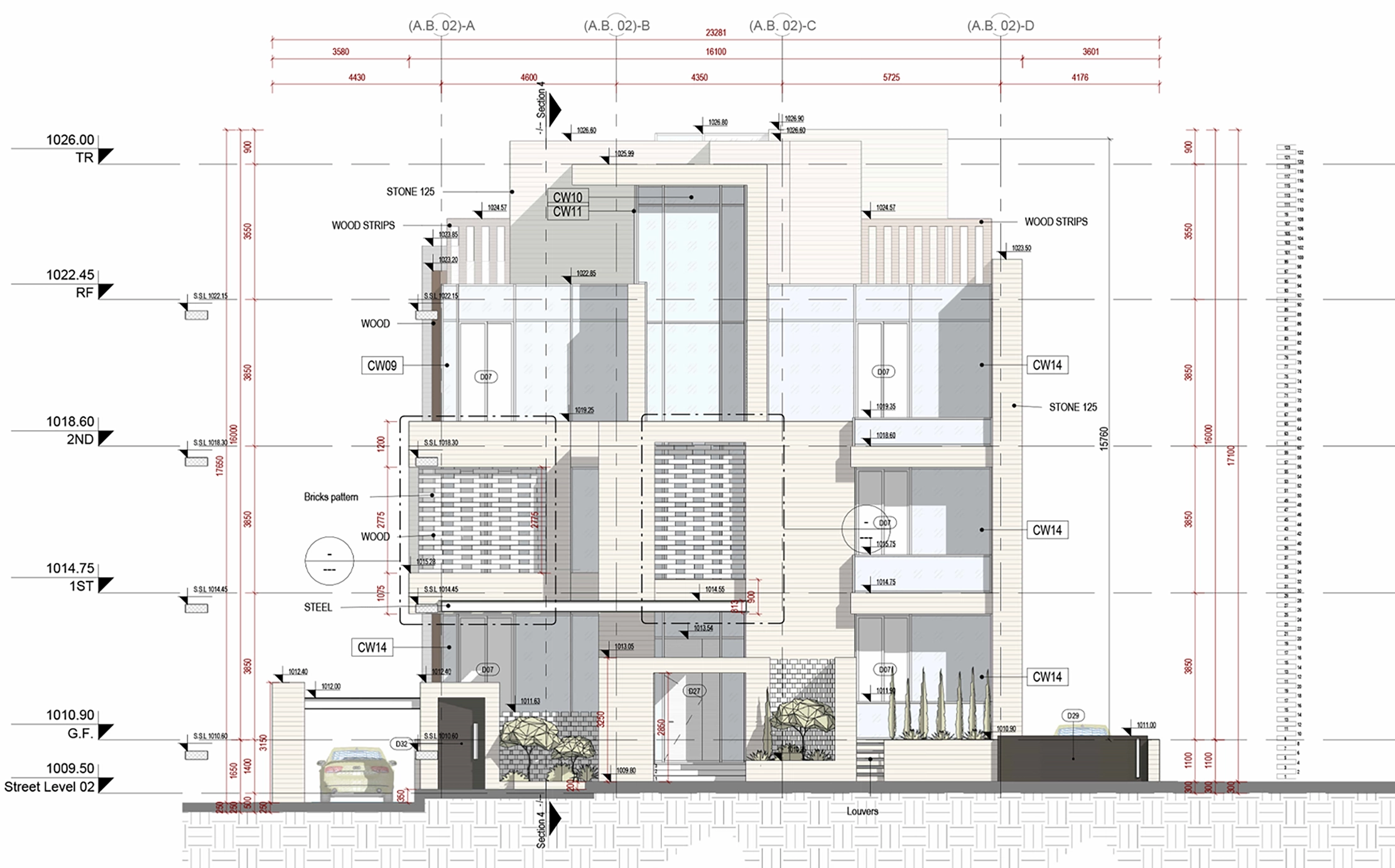 Dimensioned main elevation of the Dabouq residential building.