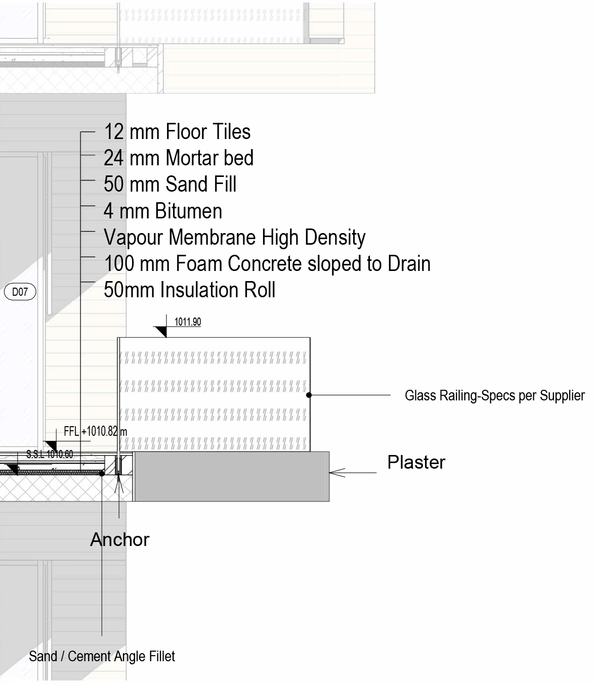 Enlarged glass railing and roof build-up detail with material annotations.