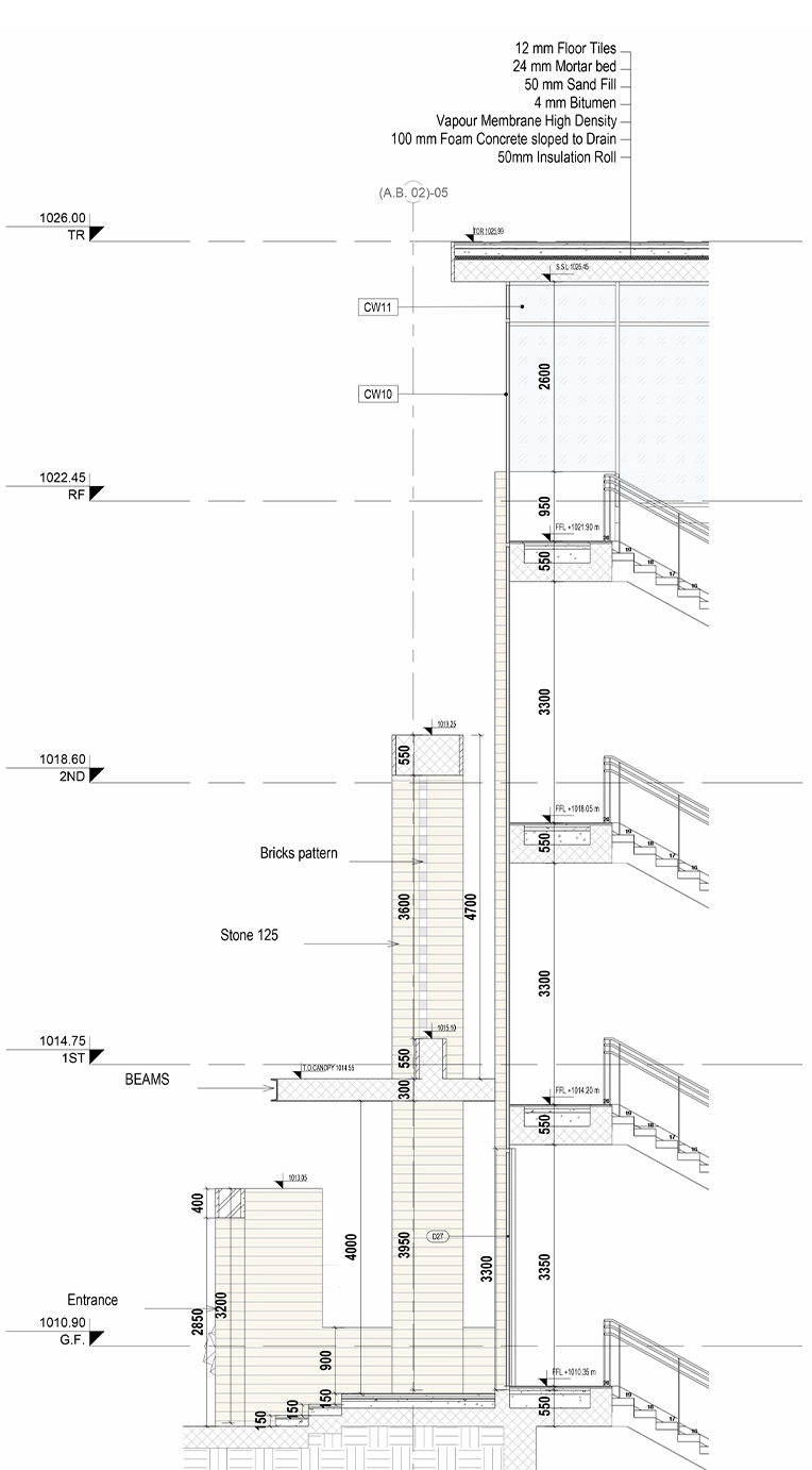 Vertical section through the glass railing, brick facade, entrance, and stairs.