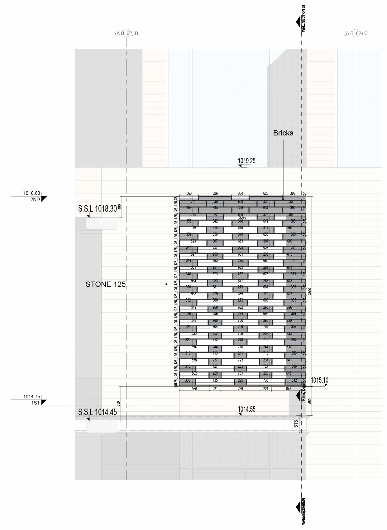 Dimensioned elevation detail of the staggered brick facade pattern.
