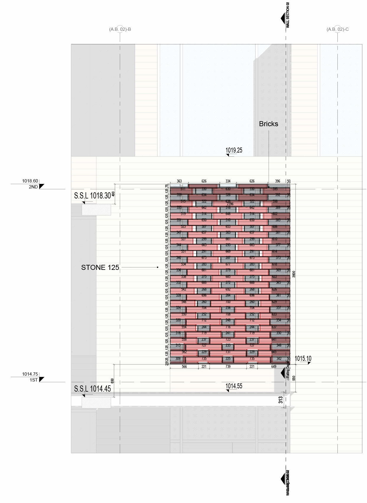 Brick facade elevation with individual brick courses highlighted in red.