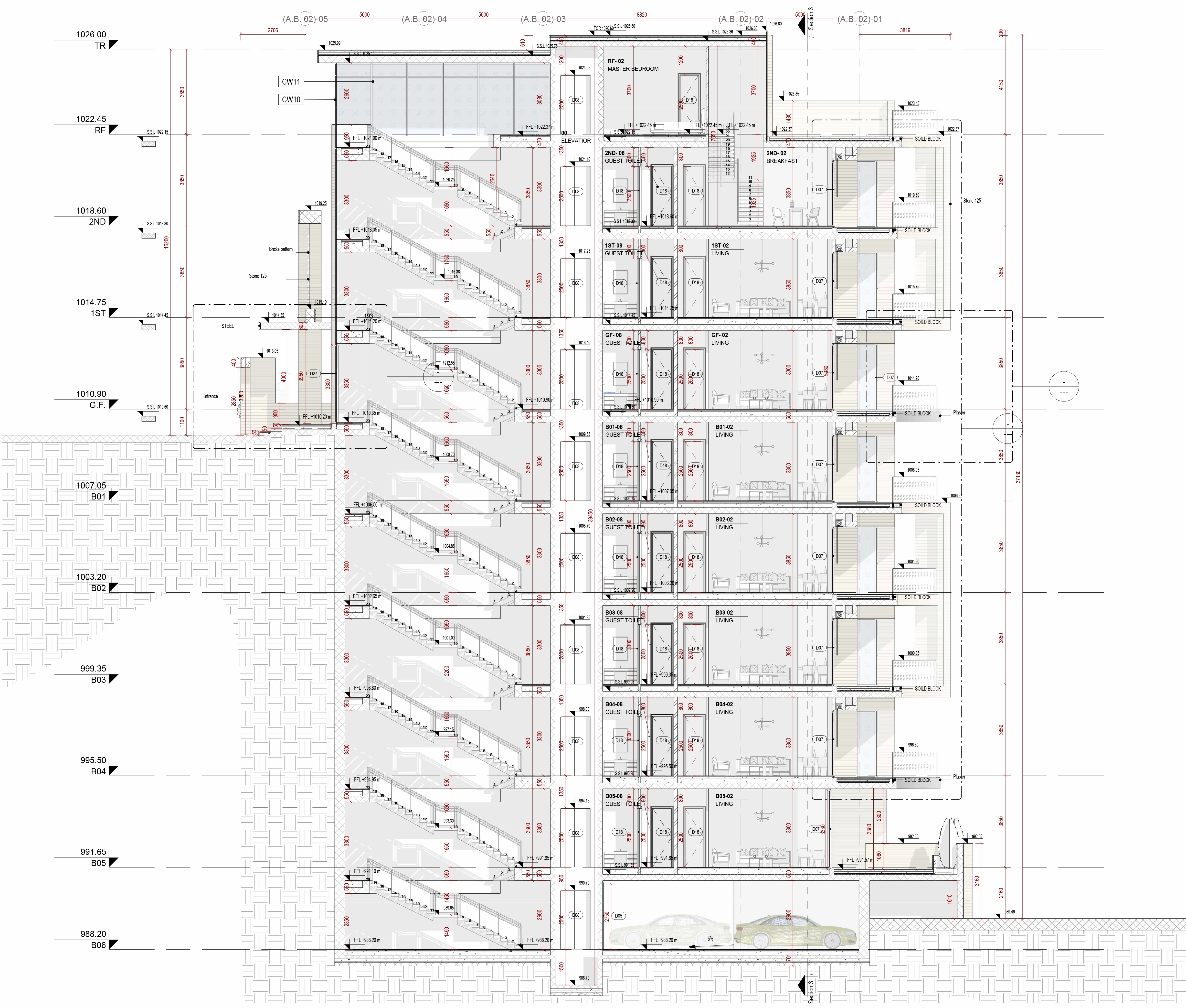 Full dimensioned building section showing all residential, stair, parking, roof, and basement levels.
