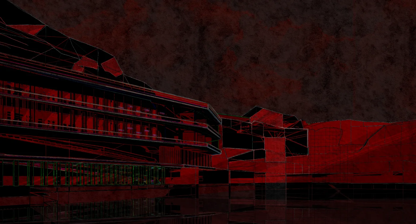 Drawn Out of Red, a red and black architectural visual traced with luminous lines.