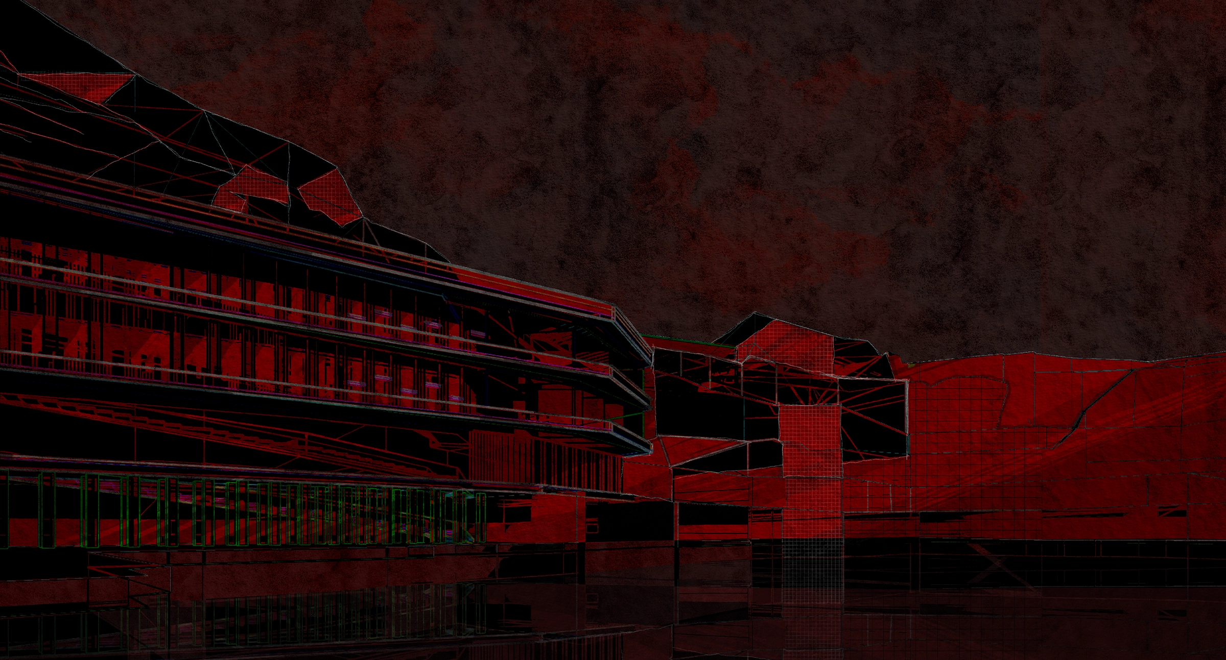 Red and black architectural visualization of a low complex beneath a dark red sky, traced with thin luminous lines.
