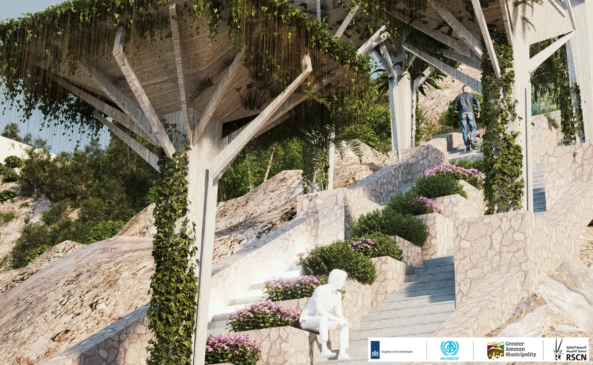Tree Unit canopies, planting, and stepped seating integrated into the Jabal Al-Zuhour staircase.