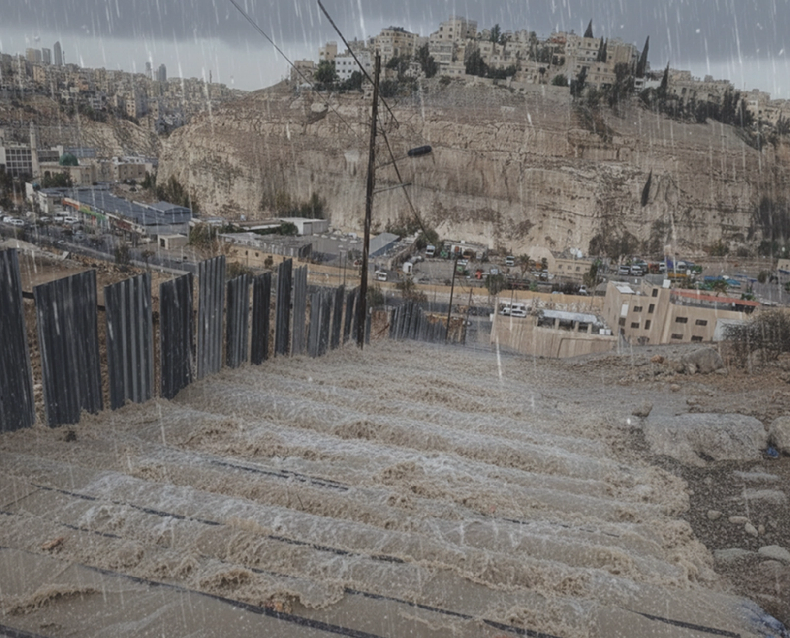 The existing Jabal Al-Zuhour staircase during heavy rain.