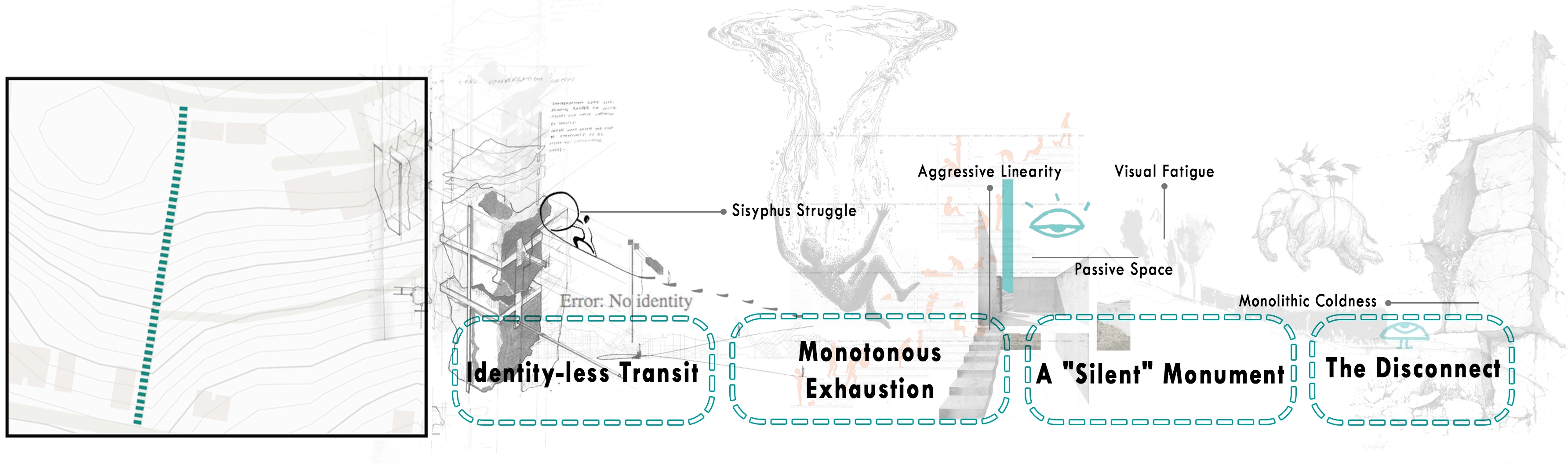 Analytical strip describing identity-less transit, monotonous exhaustion, a silent monument, and disconnection along the existing staircase.