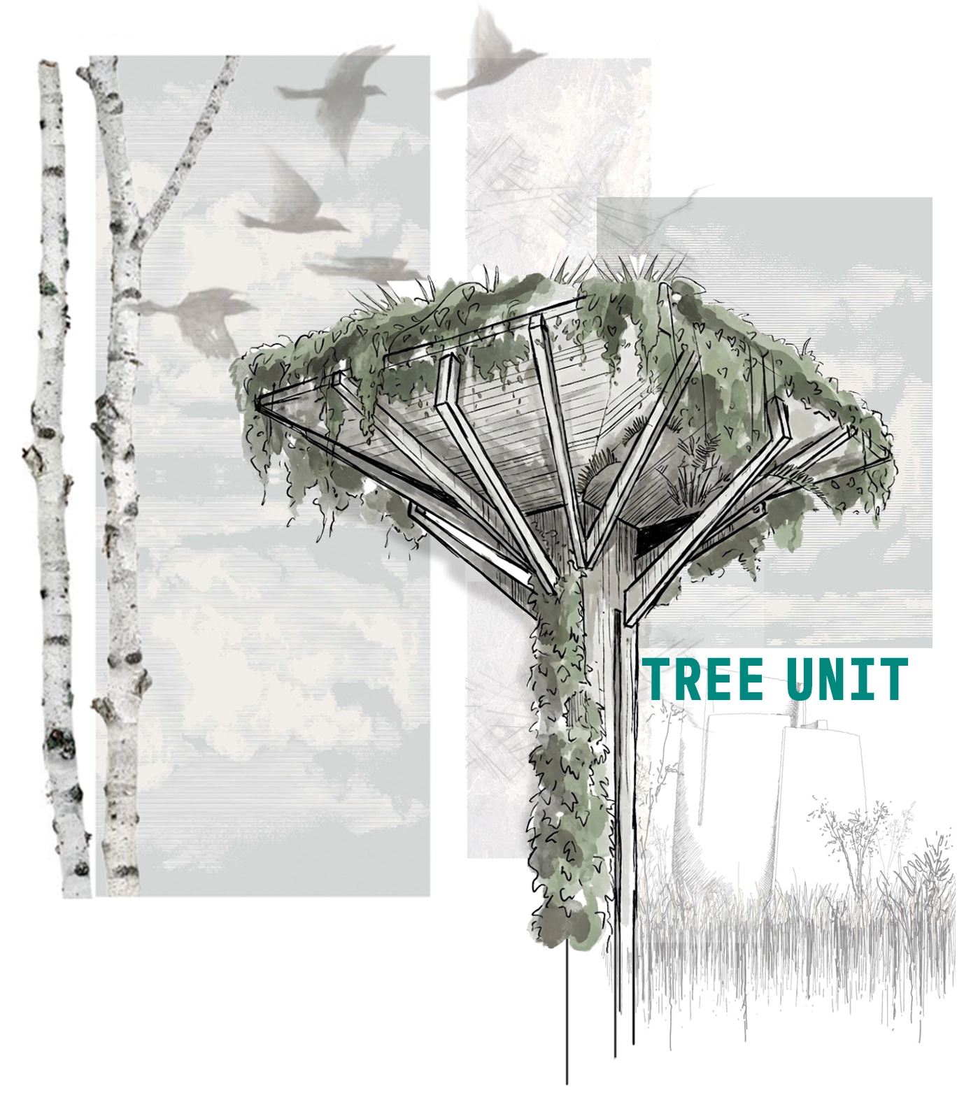 Illustrated Tree Unit prototype with a branching canopy and cascading planting.