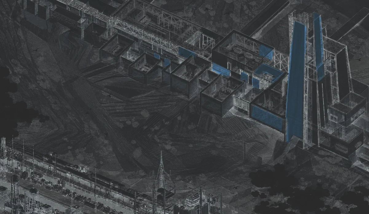 Wide axonometric drawing of THE PROTOCOL PORT in Aqaba’s logistics landscape.