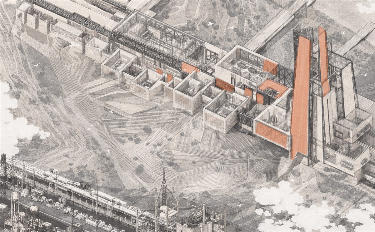 THE PROTOCOL PORT axonometric drawing across Aqaba's industrial logistics landscape.