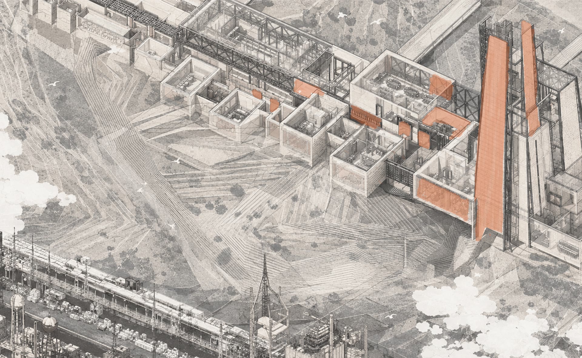 THE PROTOCOL PORT axonometric drawing embedded in Aqaba's logistics terrain.