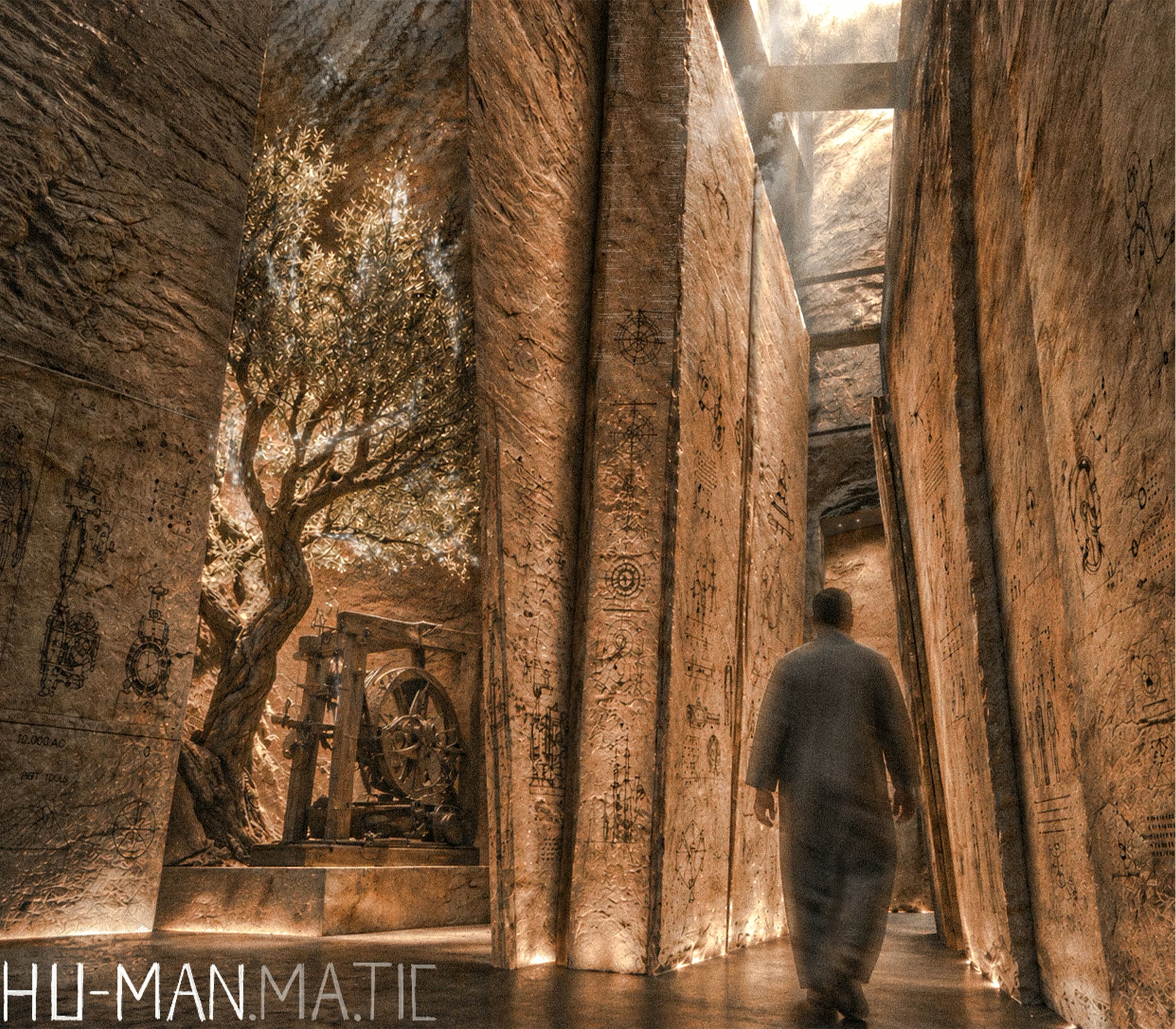 Warm sepia corridor of monumental engraved stone walls, an olive tree, mechanical artefacts, and a solitary walking figure.