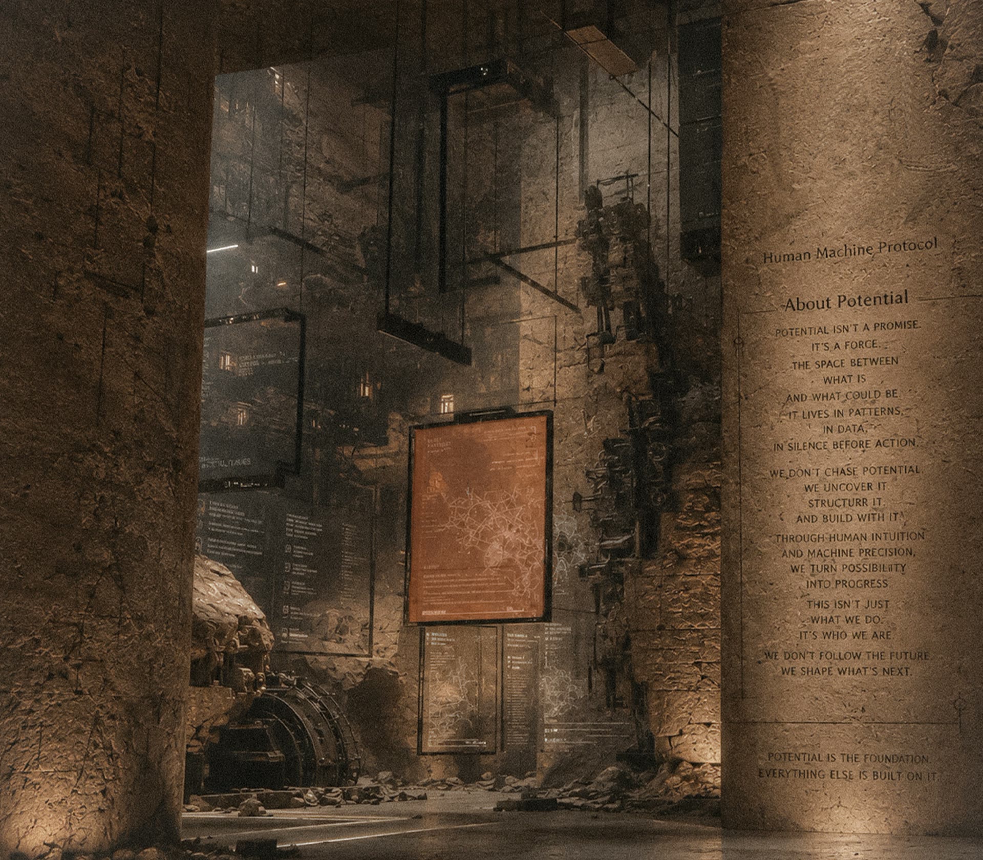 Near-square sepia interior with fractured stone, suspended machinery, information screens, and a wall inscribed with a text about potential.