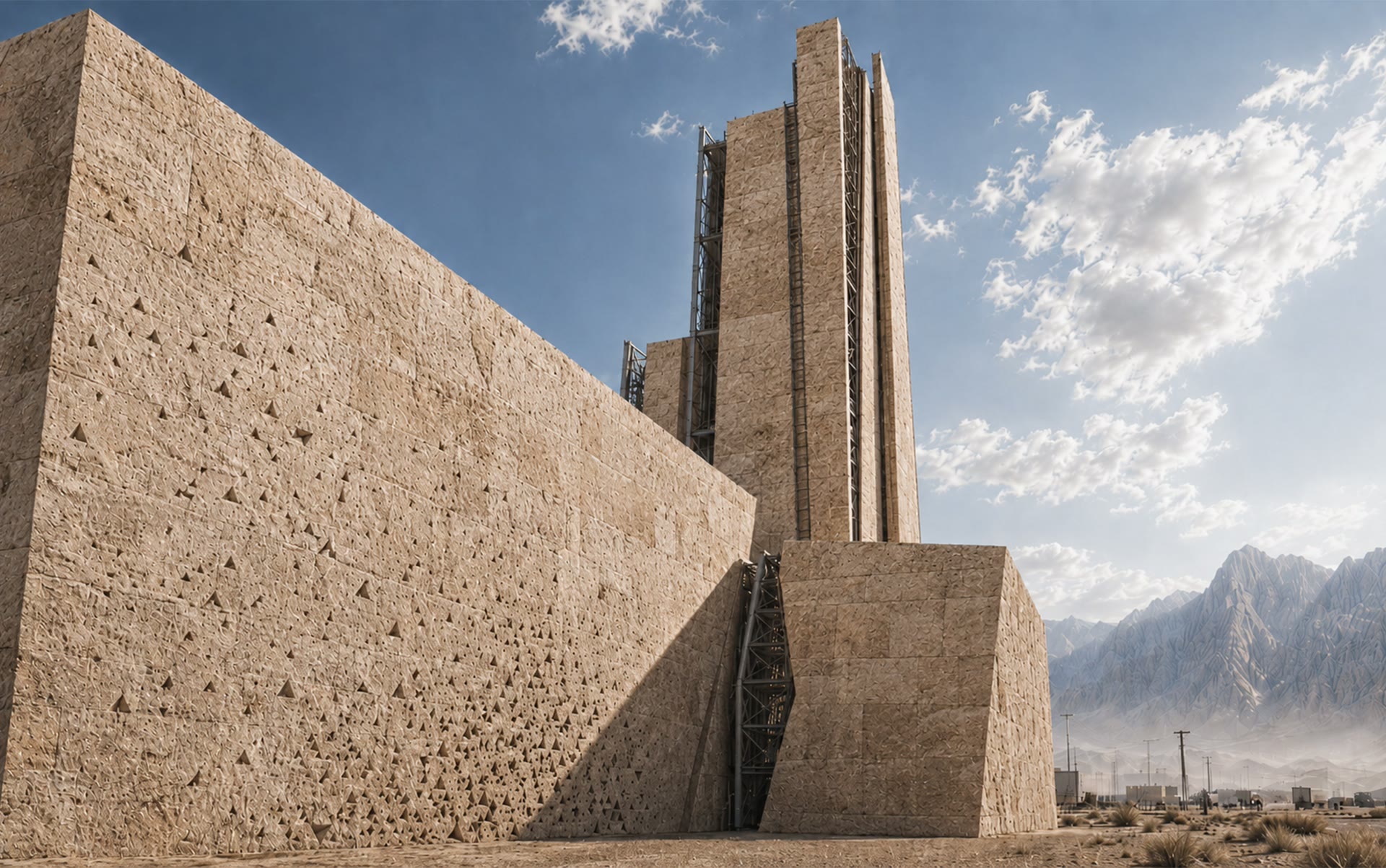 Exterior view of THE PROTOCOL PORT's stone walls and vertical machine infrastructure in Aqaba.
