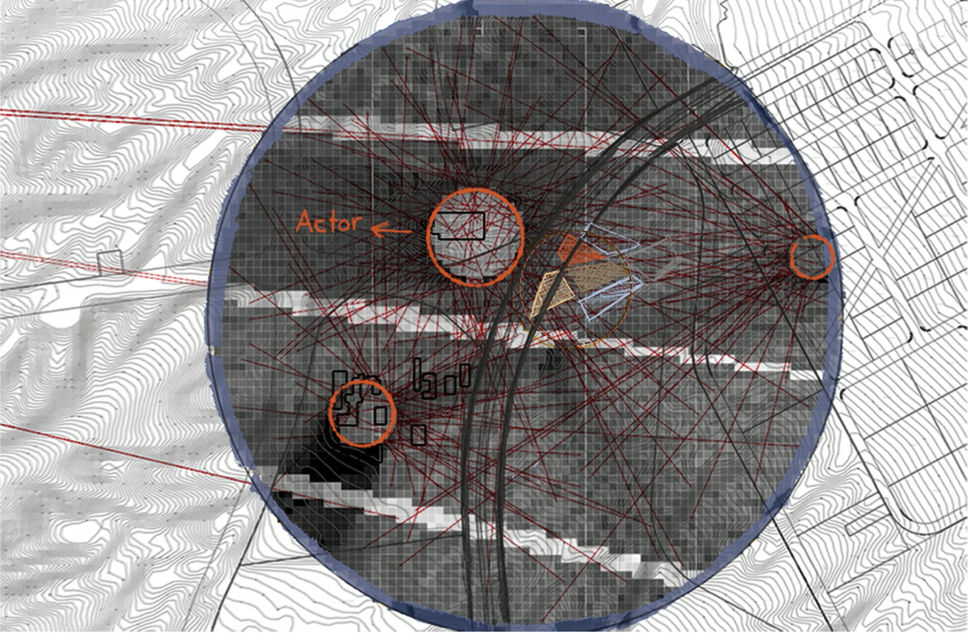 Site actors and urban syntax diagram over the proposed plot terrain.