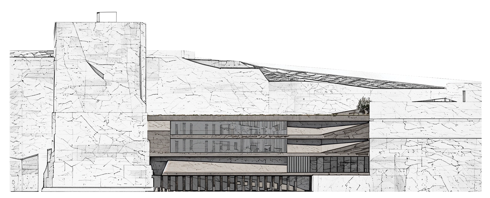 Main elevation of Shila Museum held between the existing quarry walls.
