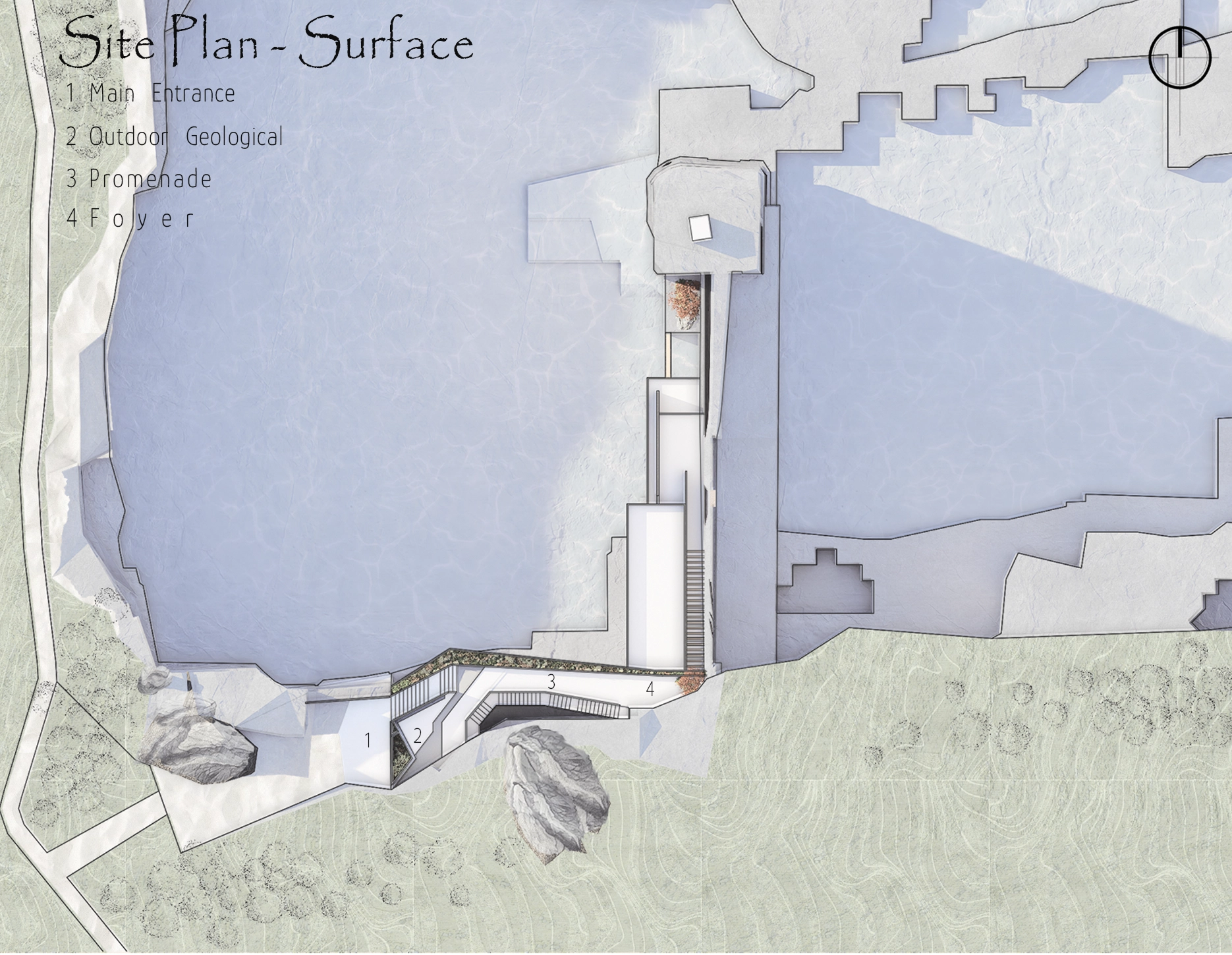 Surface site plan showing the main entrance, outdoor geological promenade, and foyer.
