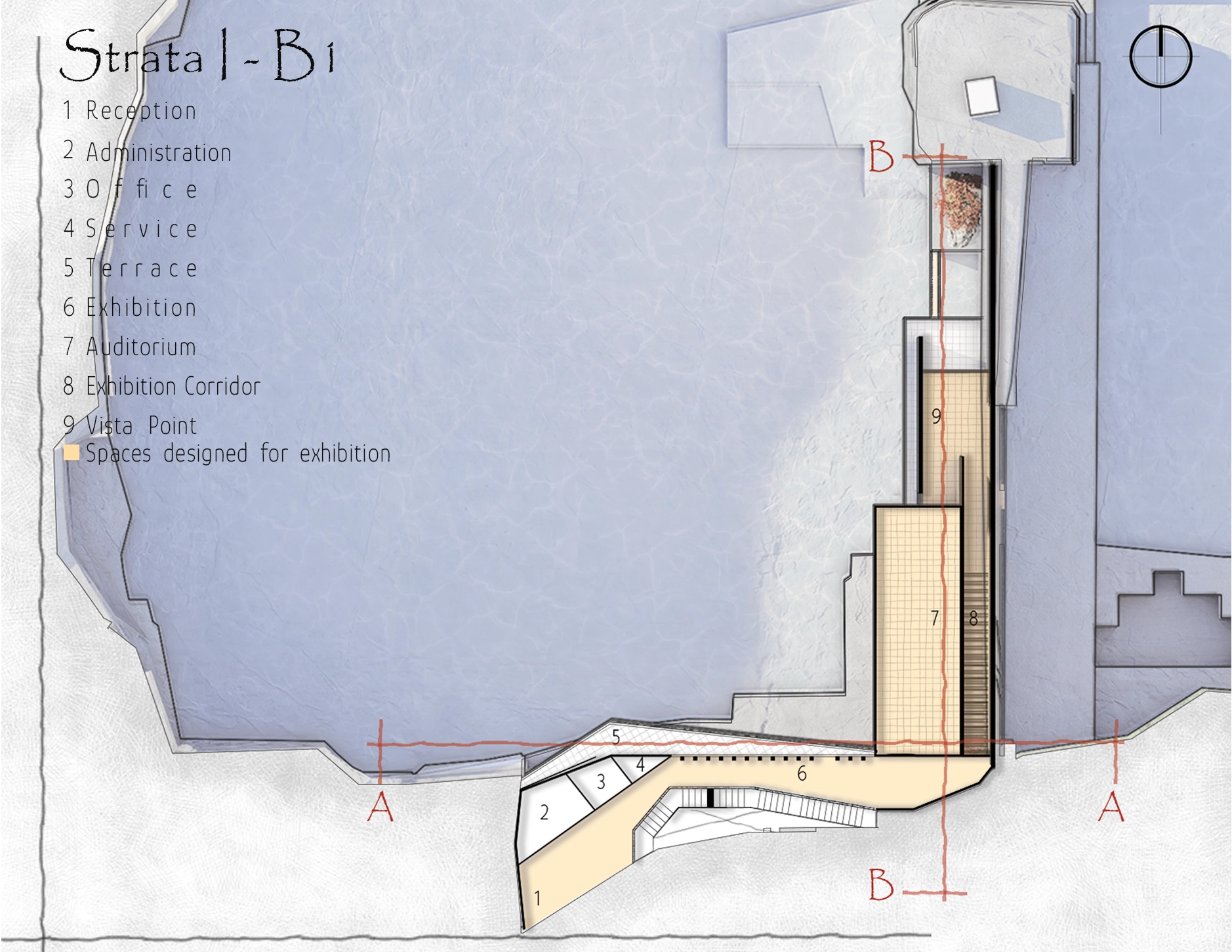 Basement one plan with reception, administration, exhibition, auditorium, corridor, and vista point.