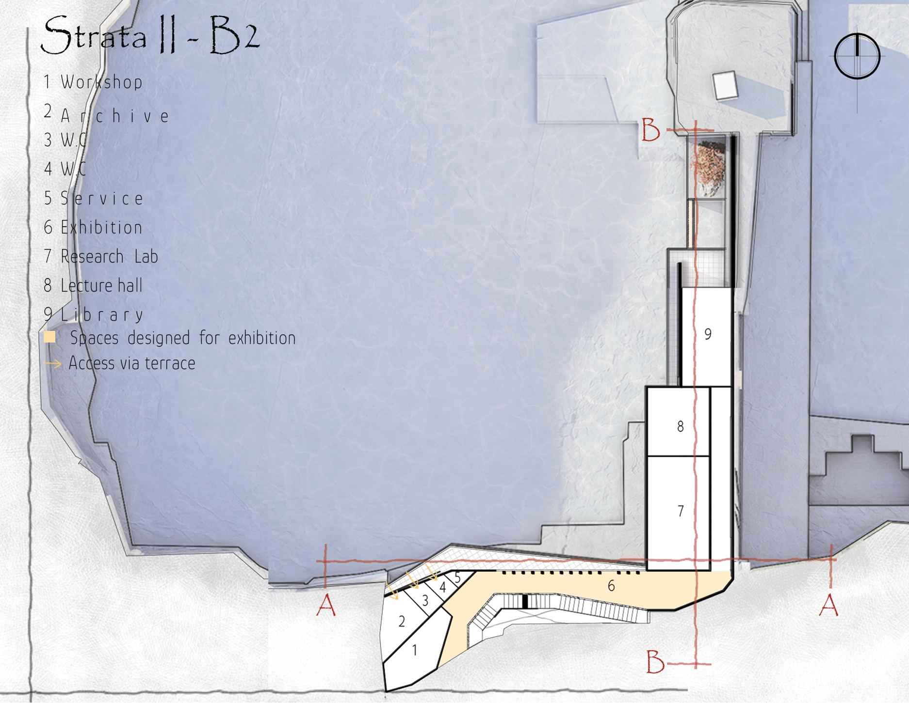 Basement two plan with workshop, archive, exhibition, research lab, lecture hall, and library.
