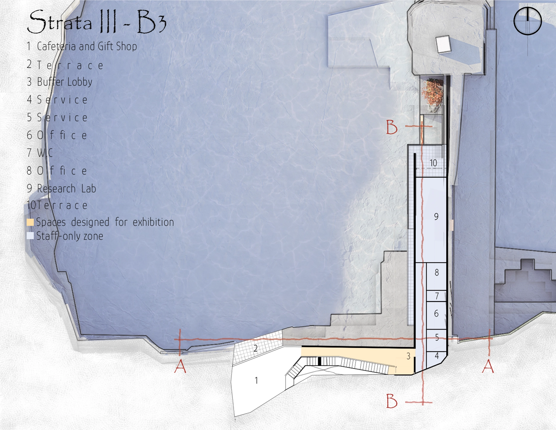 Basement three plan with cafeteria, gift shop, terraces, service spaces, offices, and research lab.