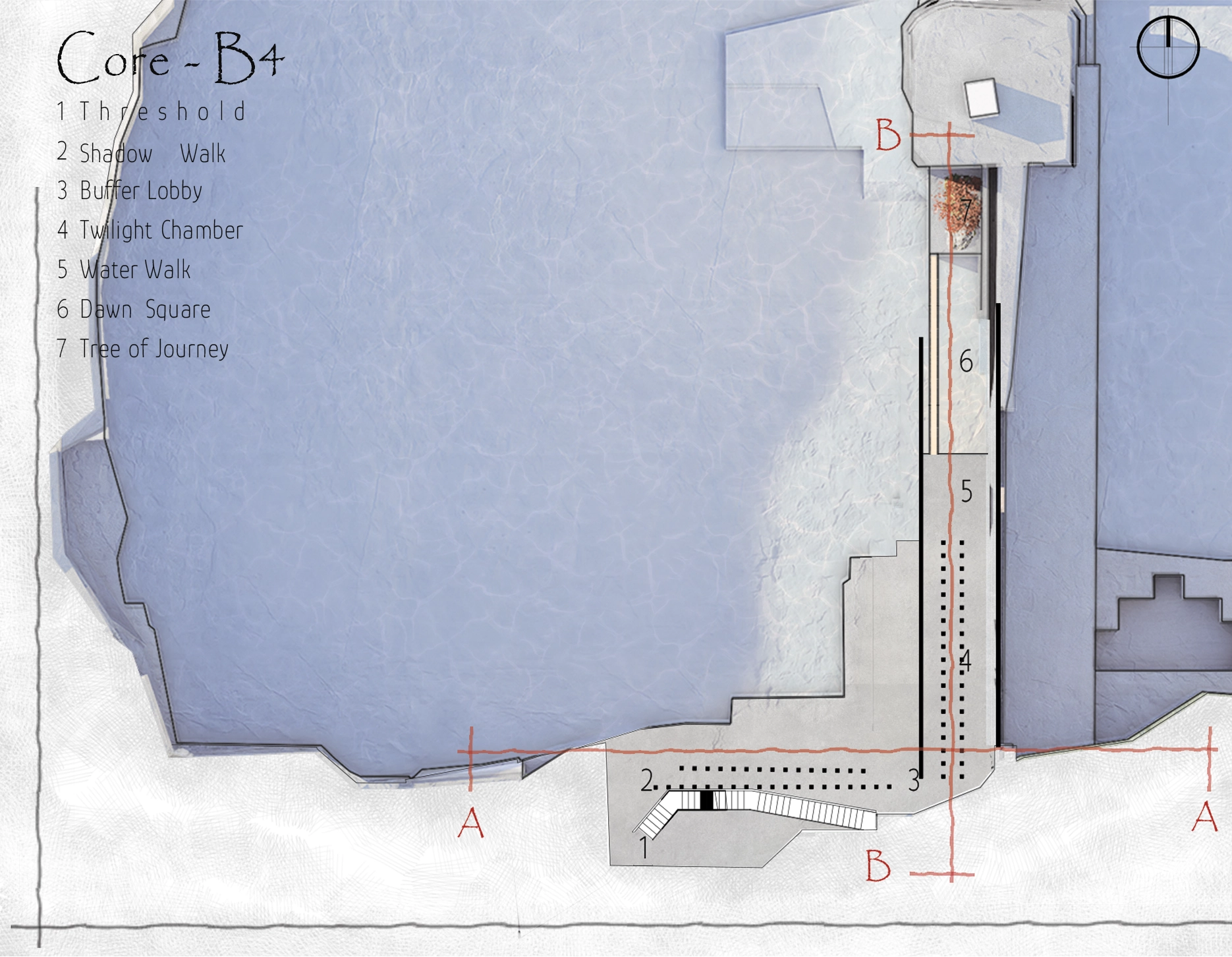 Core level plan with threshold, shadow wall, twilight chamber, water walk, dawn square, and Tree of Journey.