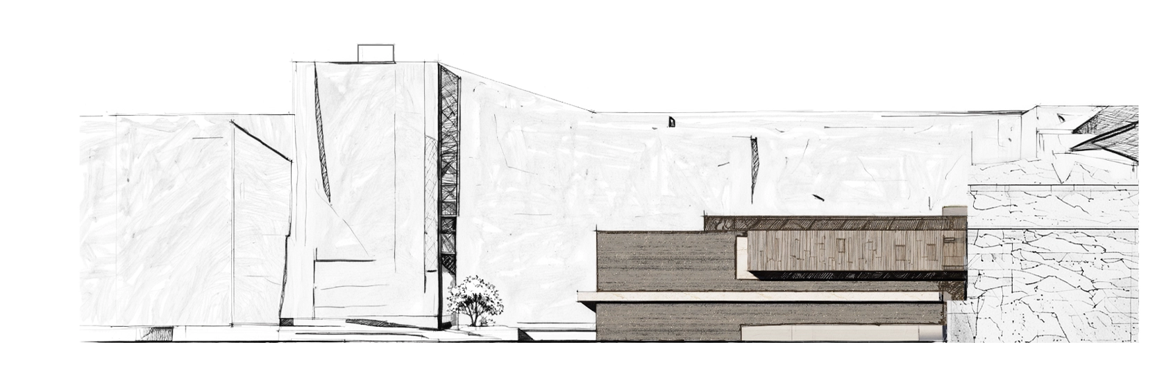 West elevation showing Shila Museum extending horizontally from the quarry wall.