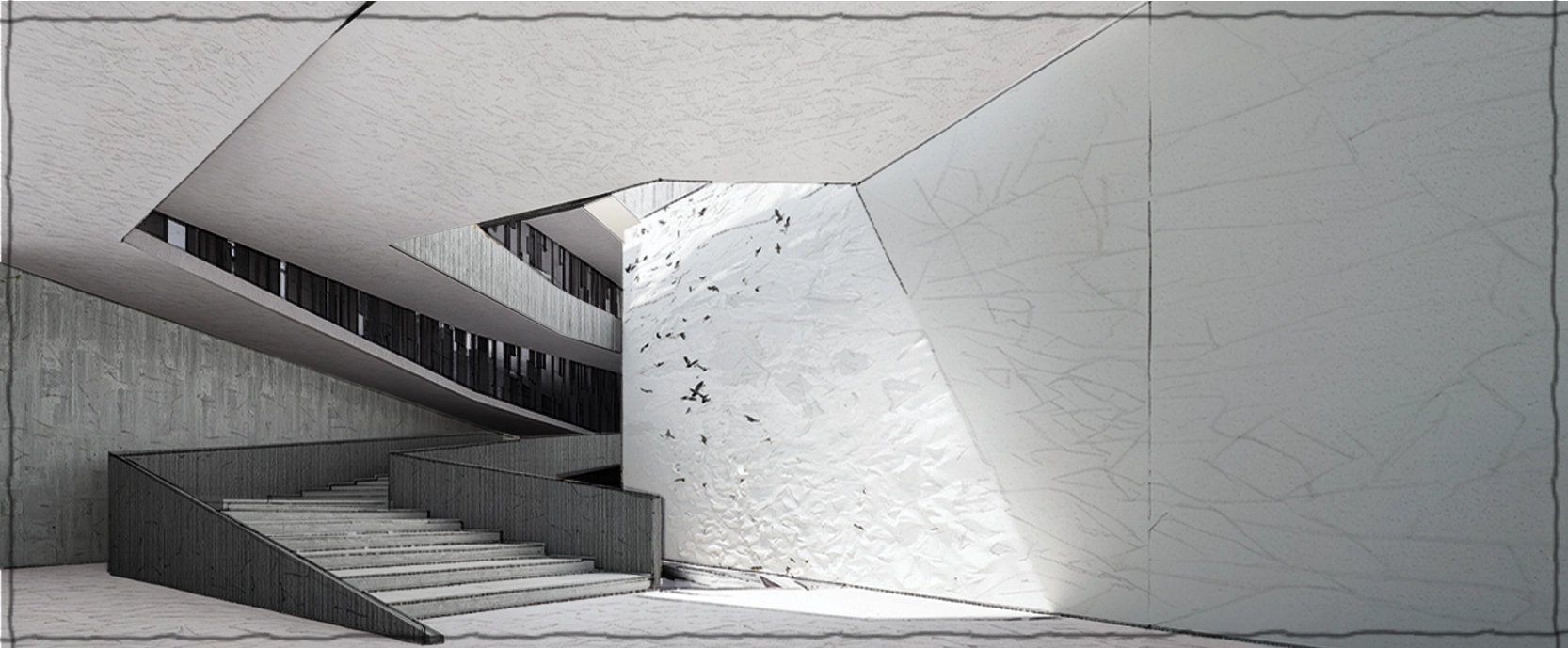 Broad interior stair rising beside an illuminated stone wall beneath layered galleries.