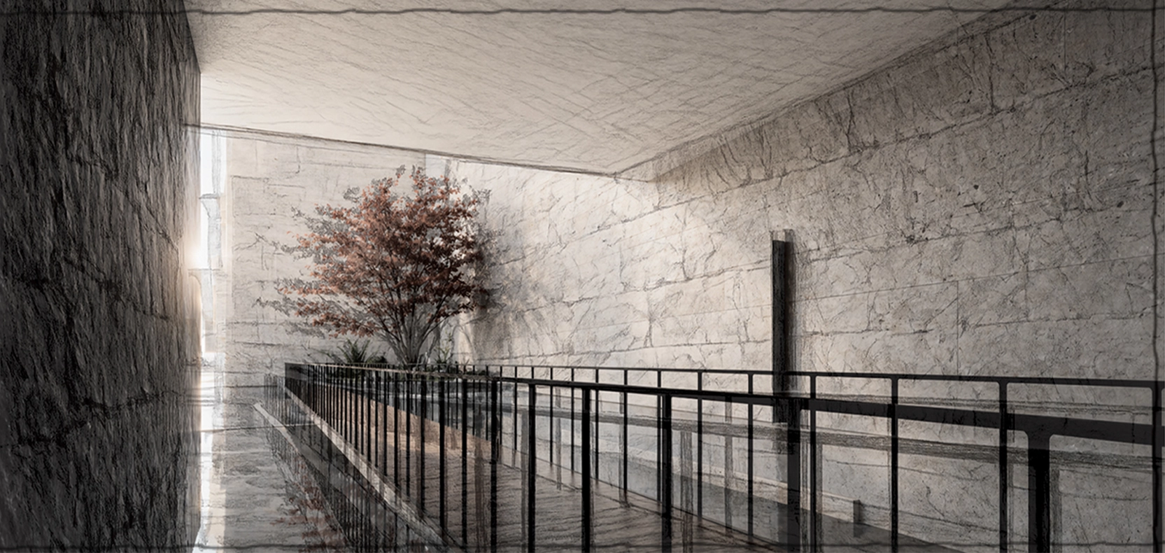 Dark stone passage opening toward a red-leafed tree and a reflective walkway.