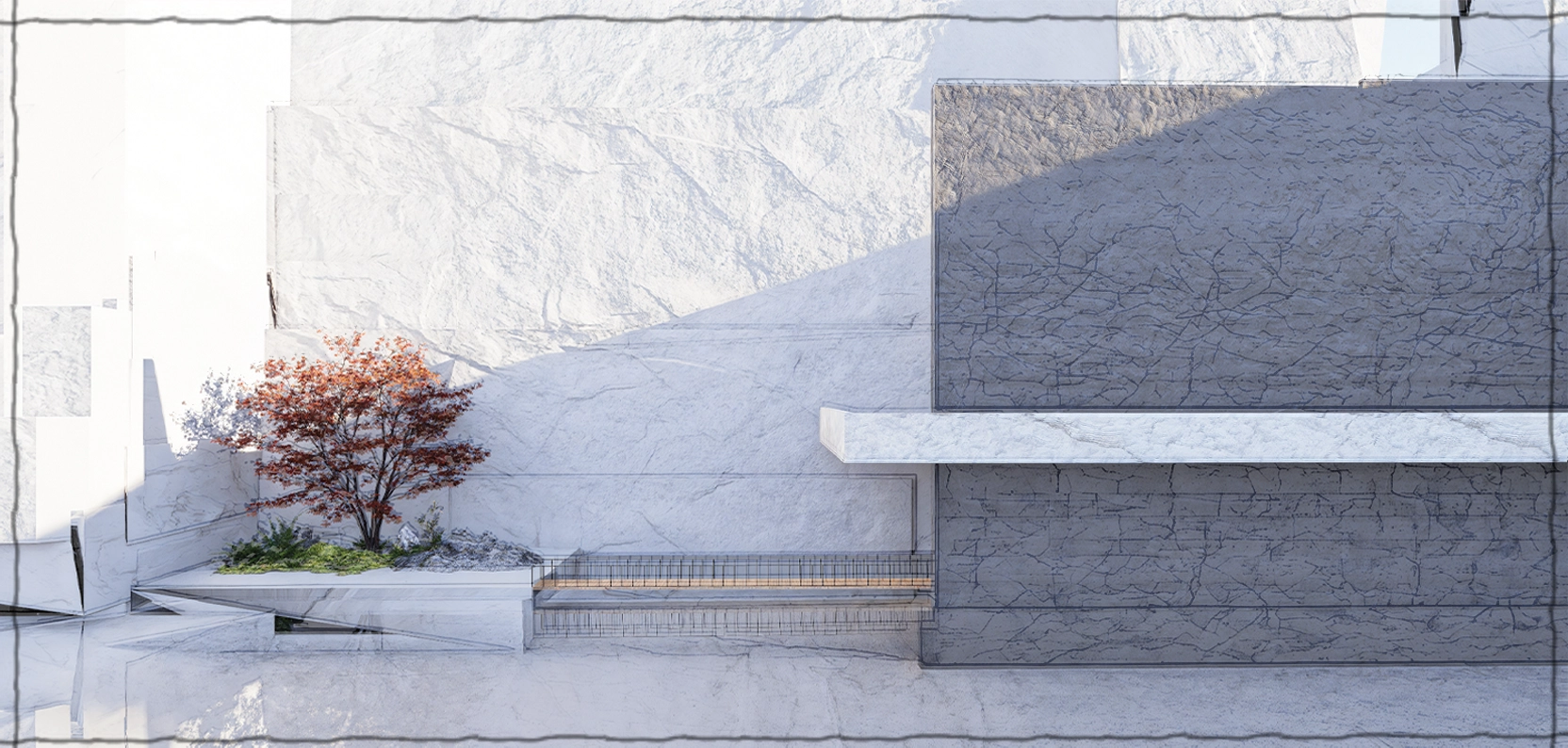 Pale open quarry room with a red-leafed tree, stone platform, and long horizontal wall.