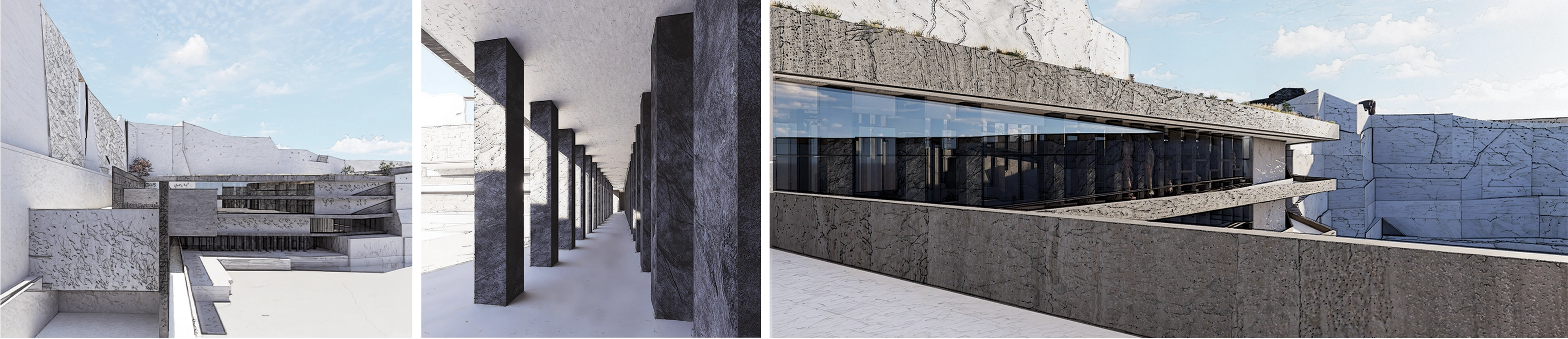 Three connected views of Shila Museum: the quarry court, a long colonnade, and layered stone terraces.
