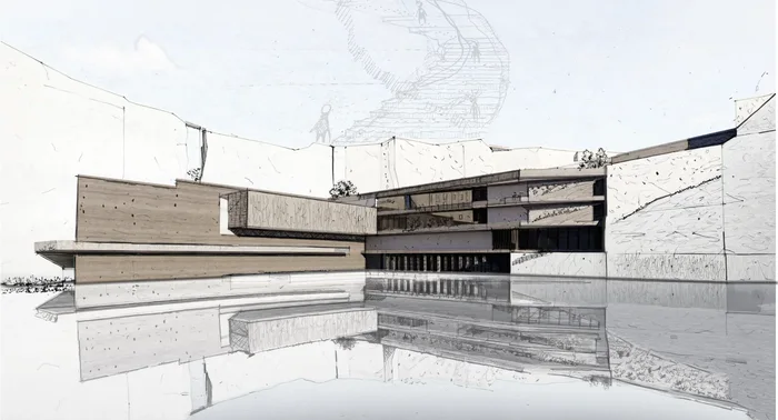 Pale architectural drawing of Shila Museum around a reflective quarry pool.