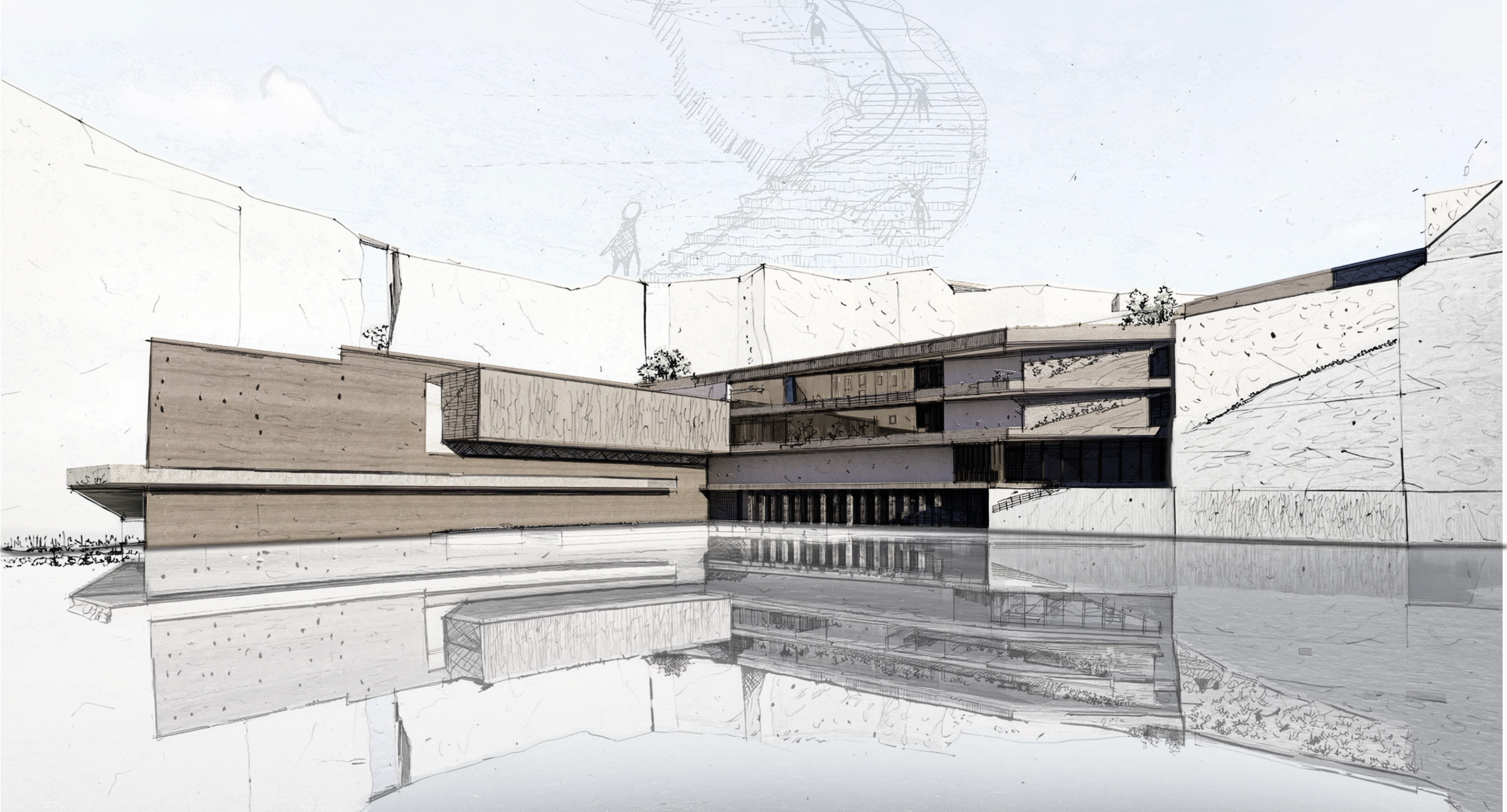 Pale hand-drawn study of Shila Museum arranged around a reflective quarry pool.