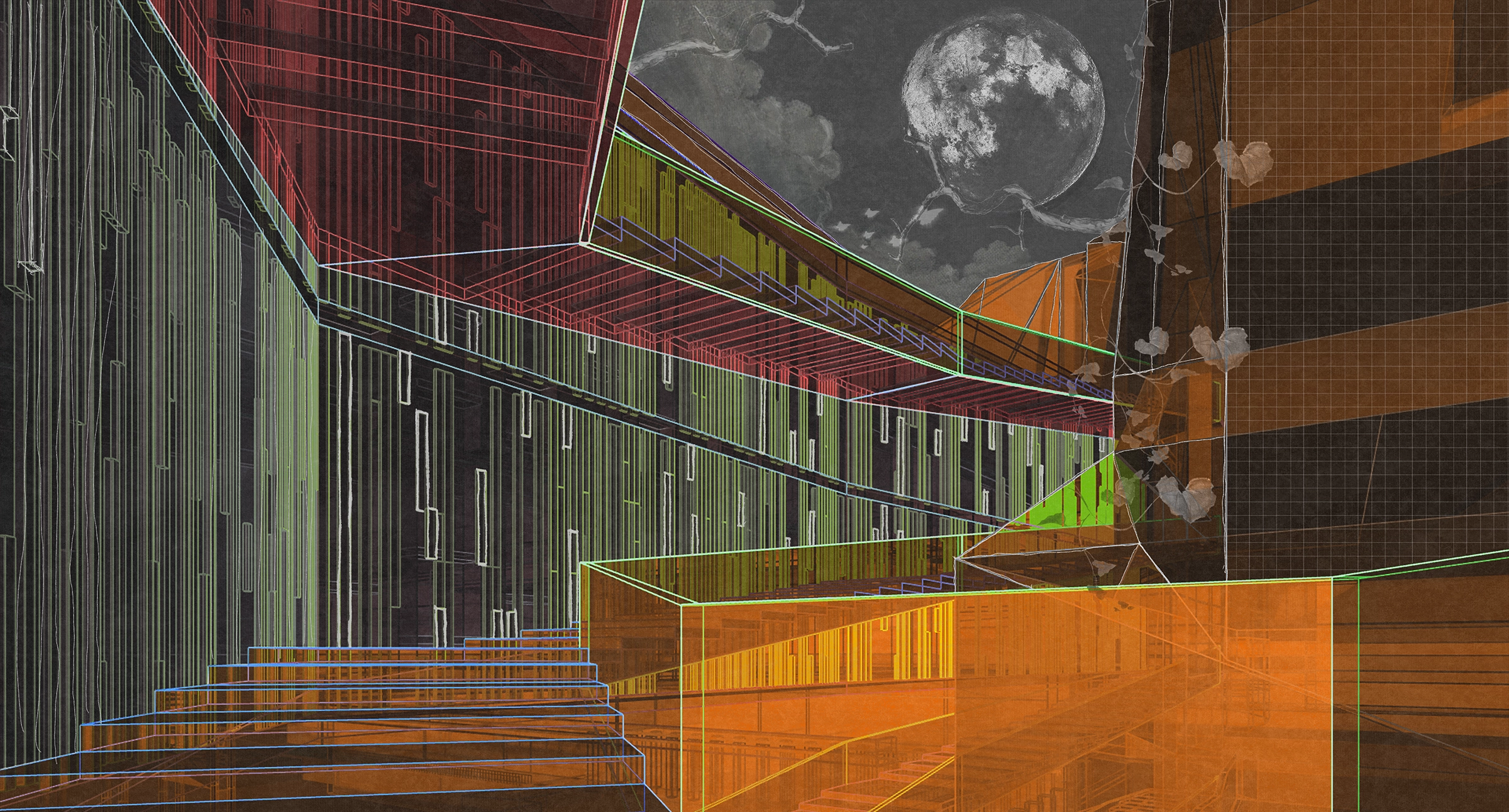 Architectural collage of a stepped interior drawn in luminous multicoloured lines beneath a grayscale moon.