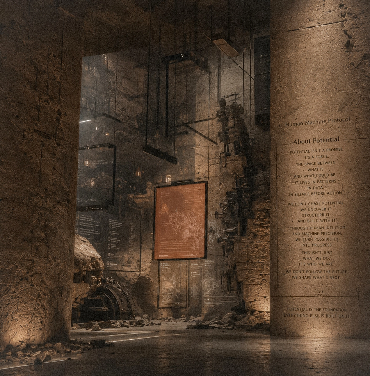 Near-square sepia interior with fractured stone, suspended machinery, information screens, and a wall inscribed with a text about potential.