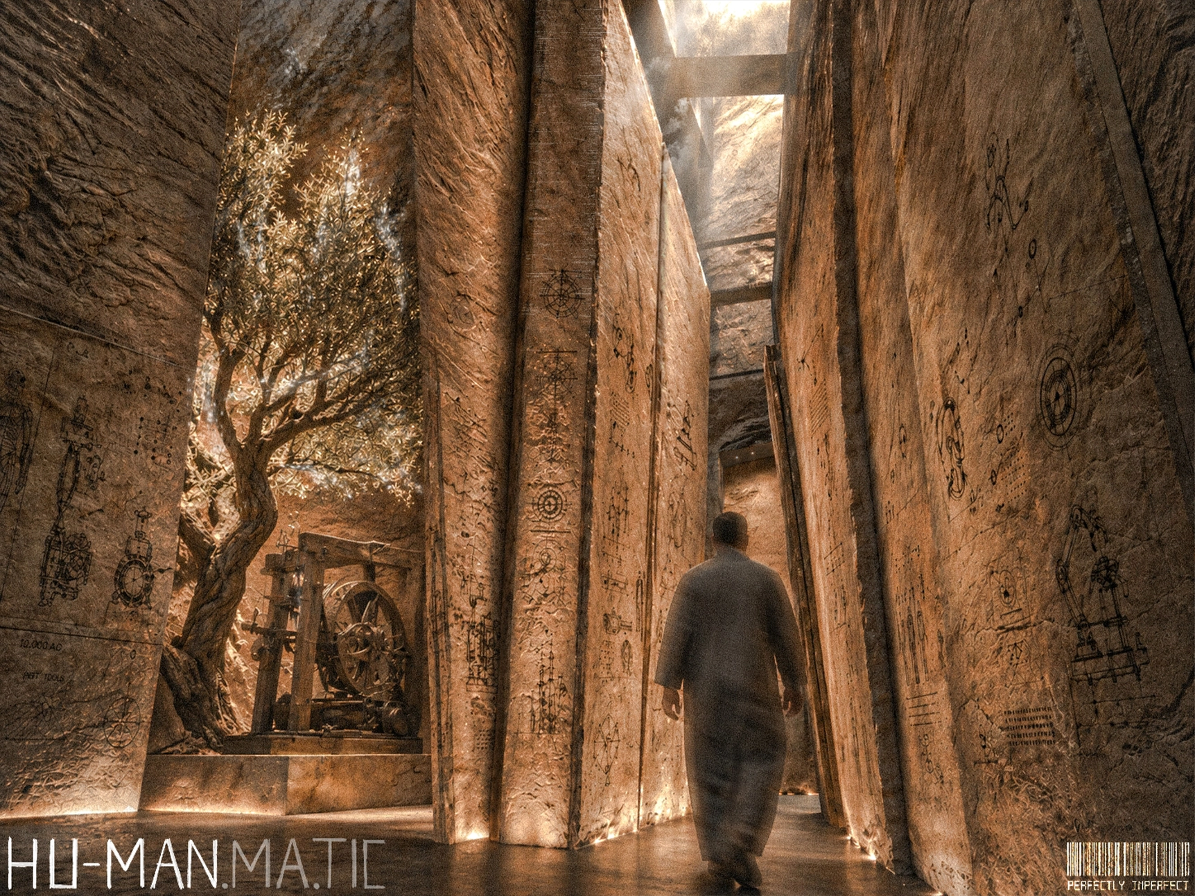 Warm sepia corridor of monumental engraved stone walls, an olive tree, mechanical artefacts, and a solitary walking figure.